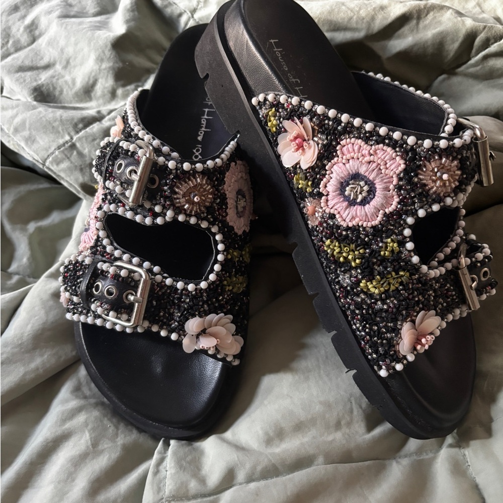 House of Harlow 1960 Black and Pink Embellished Sandals